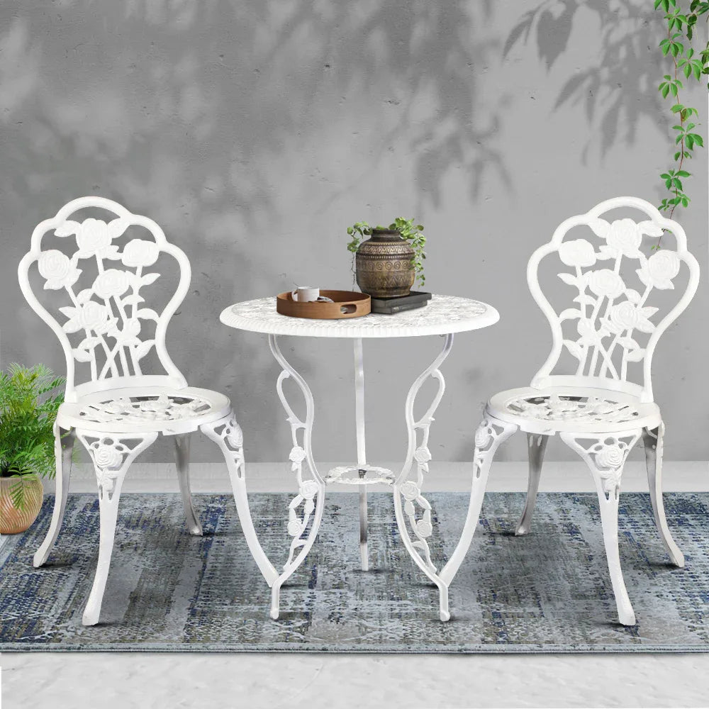 Gardeon 3PC Outdoor Setting Bistro Set Chairs Table Cast Aluminum Patio Furniture Rose White - Mekamart Australia