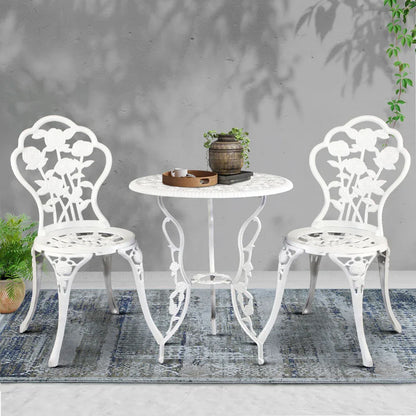 Gardeon 3PC Outdoor Setting Bistro Set Chairs Table Cast Aluminum Patio Furniture Rose White - Mekamart Australia