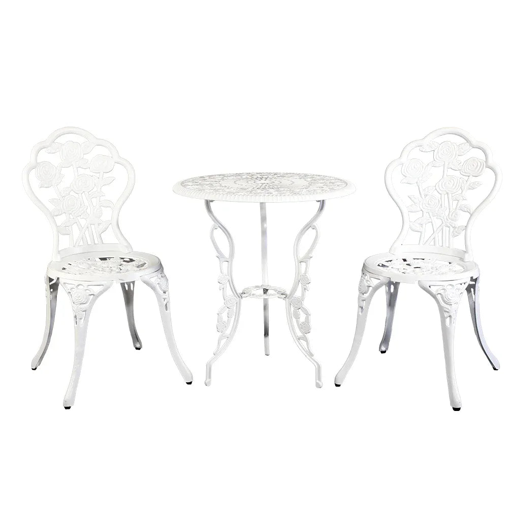 Gardeon 3PC Outdoor Setting Bistro Set Chairs Table Cast Aluminum Patio Furniture Rose White - Mekamart Australia