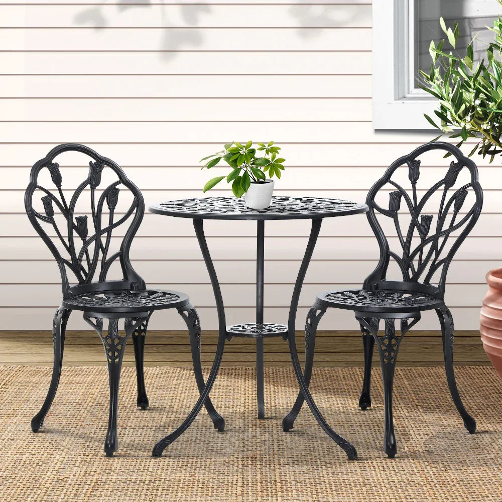 Gardeon 3PC Outdoor Setting Bistro Set Chairs Table Cast Aluminum Patio Furniture Tulip Black - Mekamart Australia