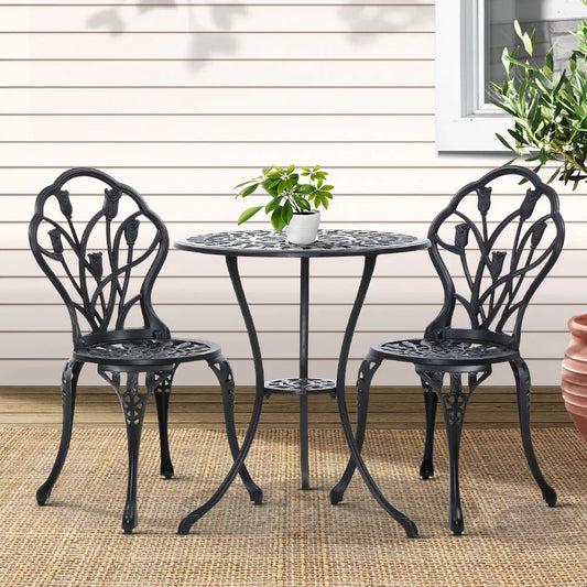 Gardeon 3PC Outdoor Setting Bistro Set Chairs Table Cast Aluminum Patio Furniture Tulip Black - Mekamart Australia