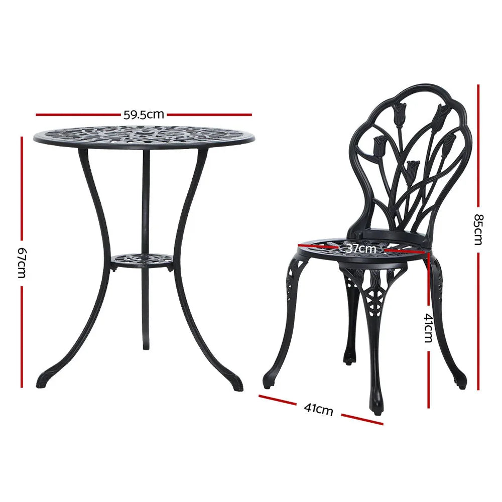 Gardeon 3PC Outdoor Setting Bistro Set Chairs Table Cast Aluminum Patio Furniture Tulip Black - Mekamart Australia