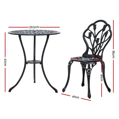 Gardeon 3PC Outdoor Setting Bistro Set Chairs Table Cast Aluminum Patio Furniture Tulip Black - Mekamart Australia