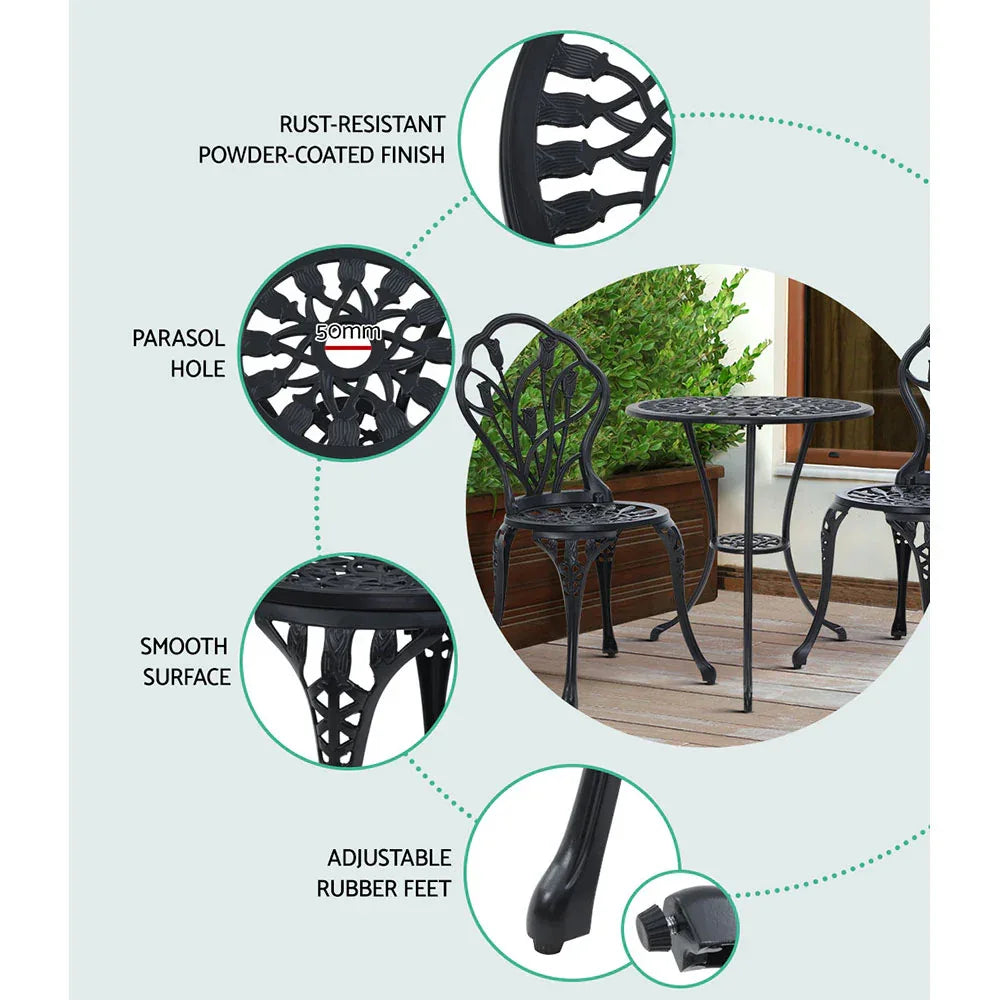 Gardeon 3PC Outdoor Setting Bistro Set Chairs Table Cast Aluminum Patio Furniture Tulip Black - Mekamart Australia