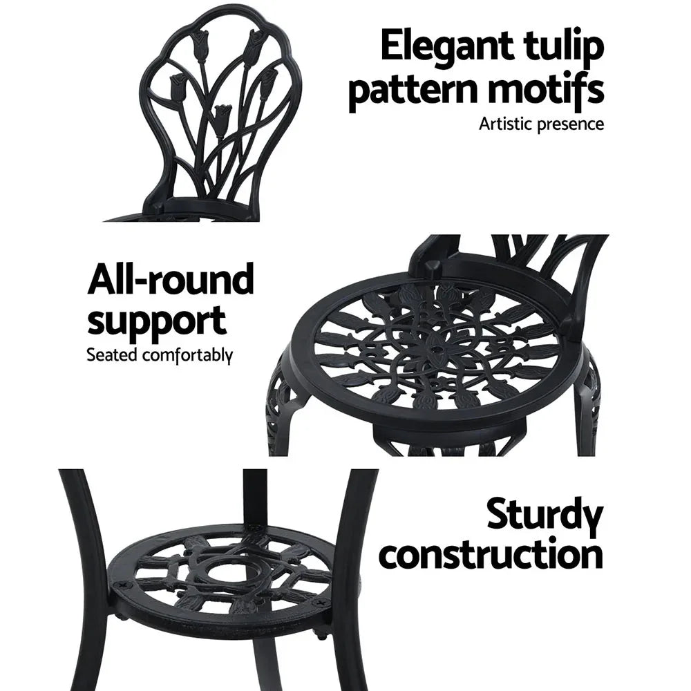 Gardeon 3PC Outdoor Setting Bistro Set Chairs Table Cast Aluminum Patio Furniture Tulip Black - Mekamart Australia
