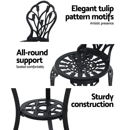 Gardeon 3PC Outdoor Setting Bistro Set Chairs Table Cast Aluminum Patio Furniture Tulip Black - Mekamart Australia