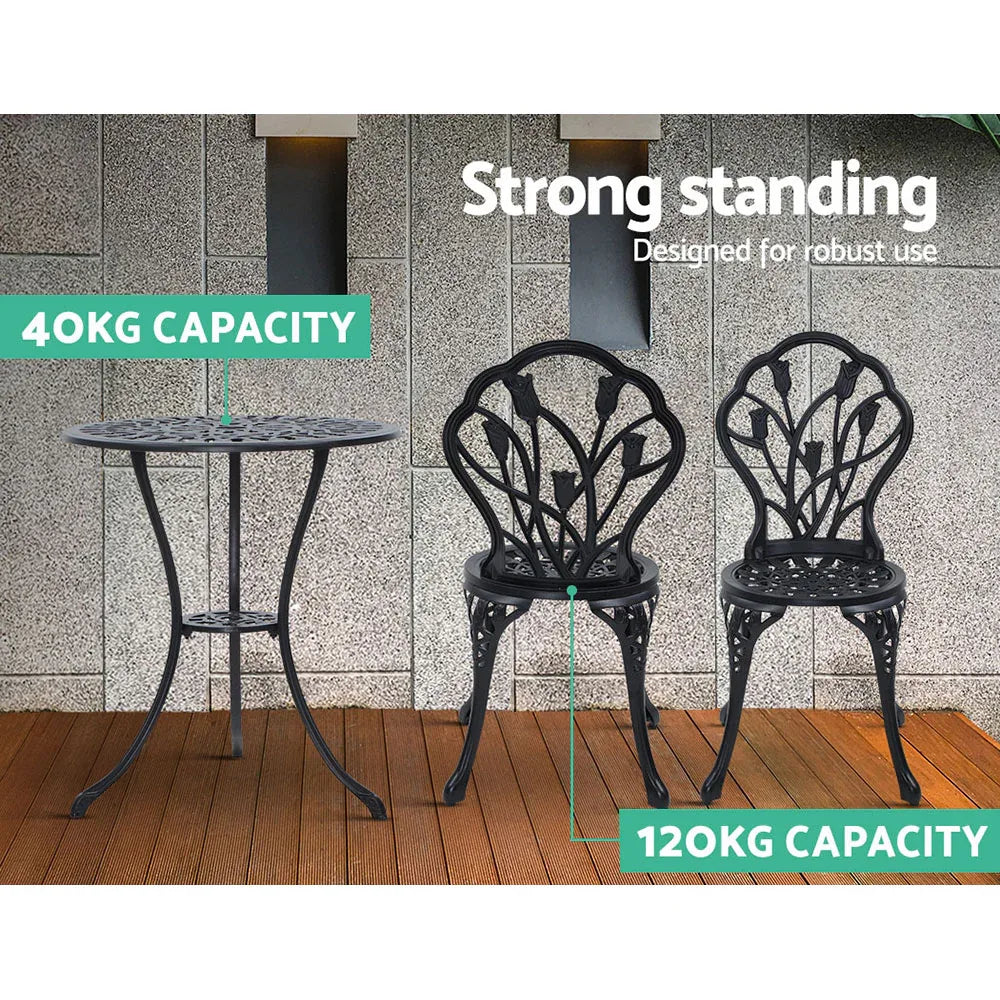 Gardeon 3PC Outdoor Setting Bistro Set Chairs Table Cast Aluminum Patio Furniture Tulip Black - Mekamart Australia