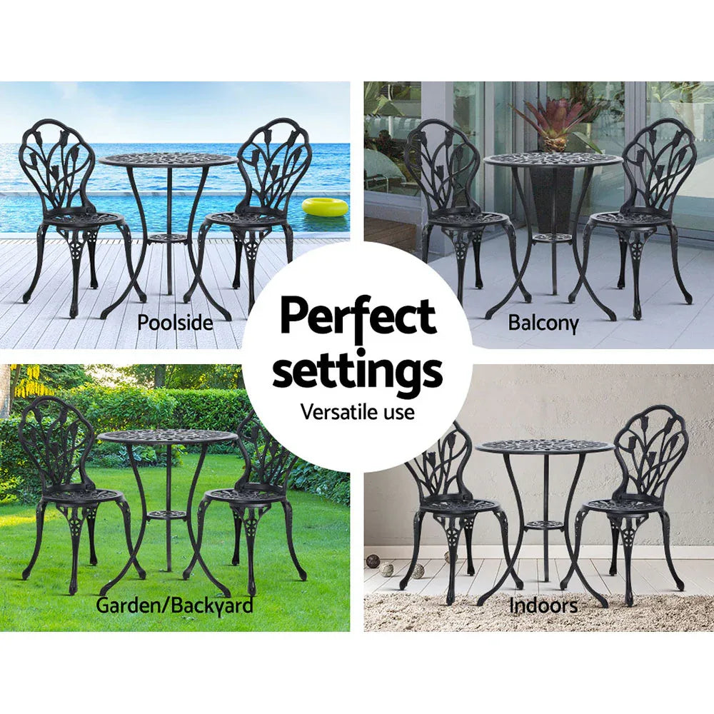Gardeon 3PC Outdoor Setting Bistro Set Chairs Table Cast Aluminum Patio Furniture Tulip Black - Mekamart Australia