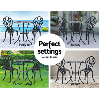 Gardeon 3PC Outdoor Setting Bistro Set Chairs Table Cast Aluminum Patio Furniture Tulip Black - Mekamart Australia