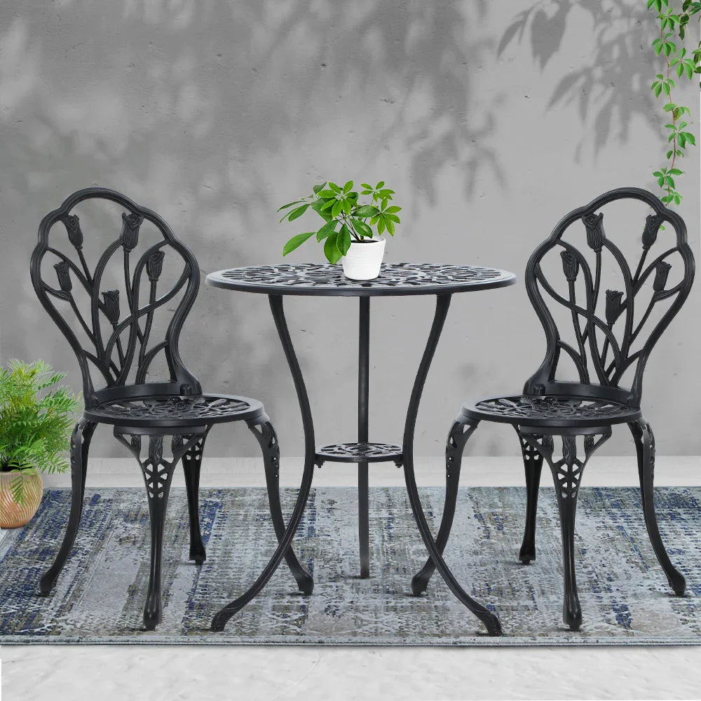 Gardeon 3PC Outdoor Setting Bistro Set Chairs Table Cast Aluminum Patio Furniture Tulip Black - Mekamart Australia