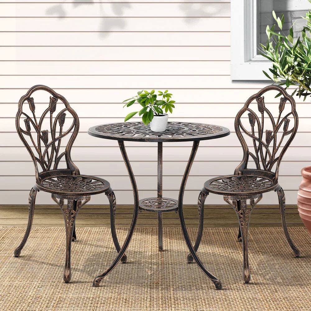 Gardeon 3PC Outdoor Setting Bistro Set Chairs Table Cast Aluminum Patio Furniture Tulip Bronze - Mekamart Australia