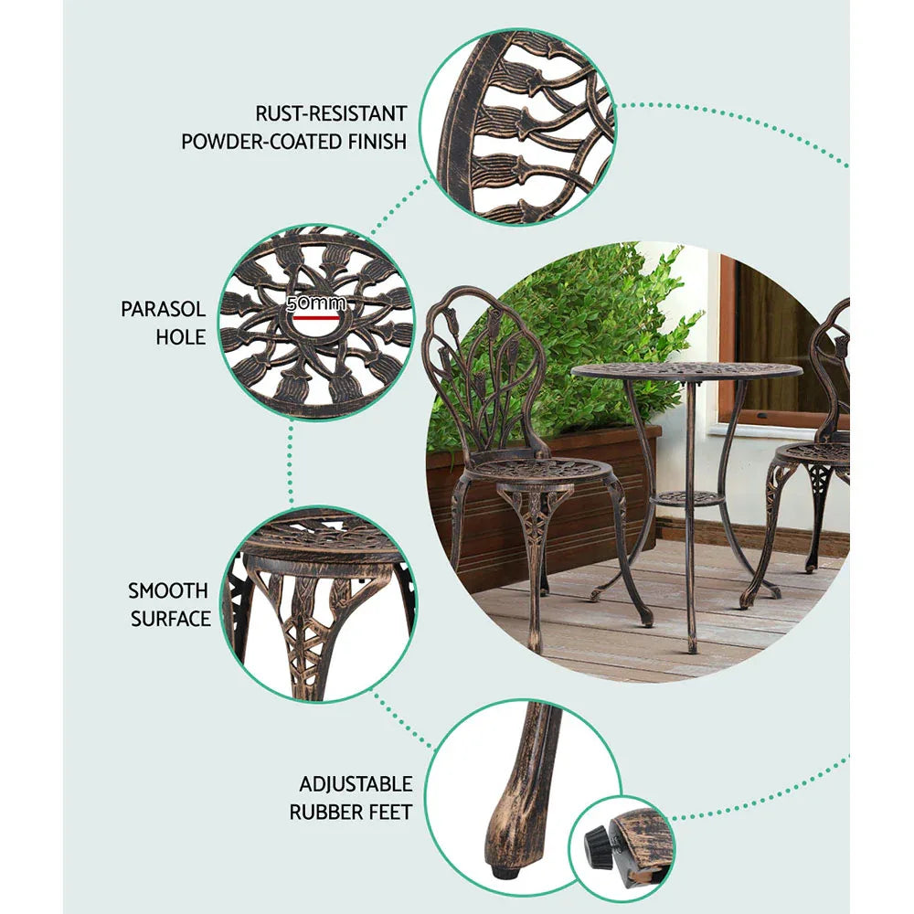 Gardeon 3PC Outdoor Setting Bistro Set Chairs Table Cast Aluminum Patio Furniture Tulip Bronze - Mekamart Australia