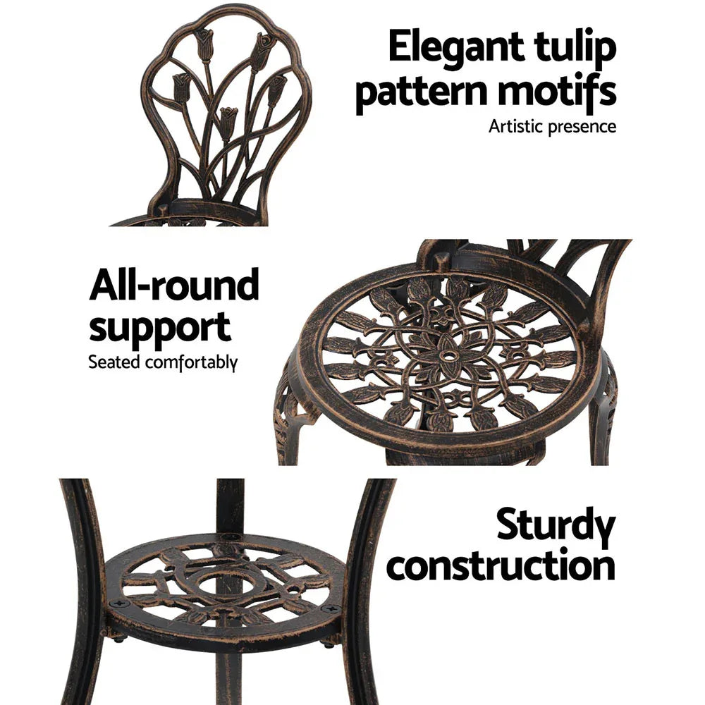 Gardeon 3PC Outdoor Setting Bistro Set Chairs Table Cast Aluminum Patio Furniture Tulip Bronze - Mekamart Australia