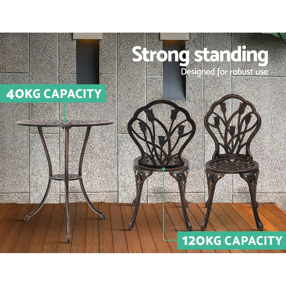 Gardeon 3PC Outdoor Setting Bistro Set Chairs Table Cast Aluminum Patio Furniture Tulip Bronze - Mekamart Australia