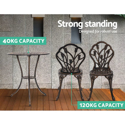 Gardeon 3PC Outdoor Setting Bistro Set Chairs Table Cast Aluminum Patio Furniture Tulip Bronze - Mekamart Australia