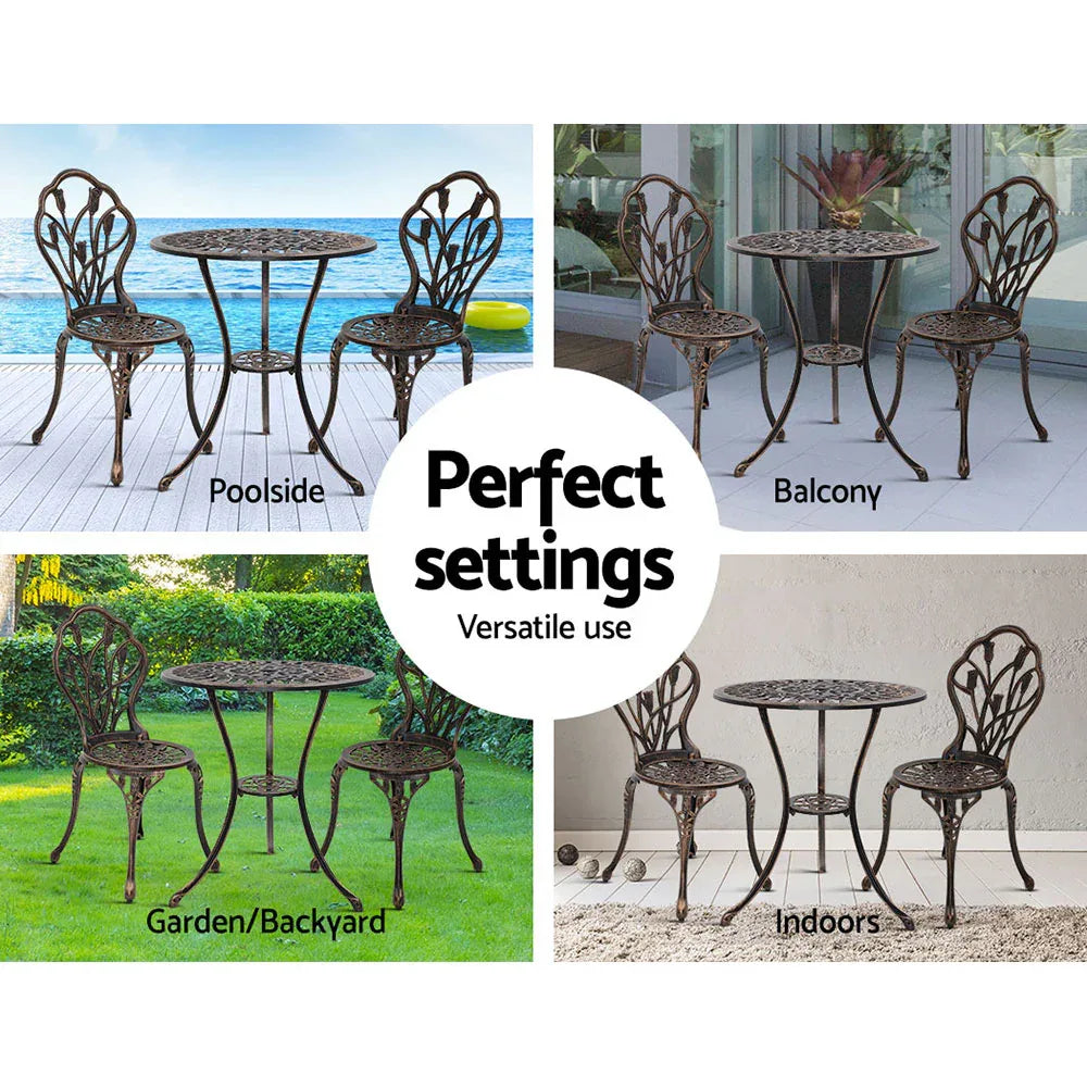 Gardeon 3PC Outdoor Setting Bistro Set Chairs Table Cast Aluminum Patio Furniture Tulip Bronze - Mekamart Australia