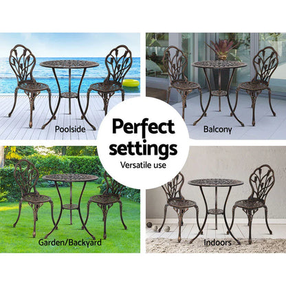 Gardeon 3PC Outdoor Setting Bistro Set Chairs Table Cast Aluminum Patio Furniture Tulip Bronze - Mekamart Australia
