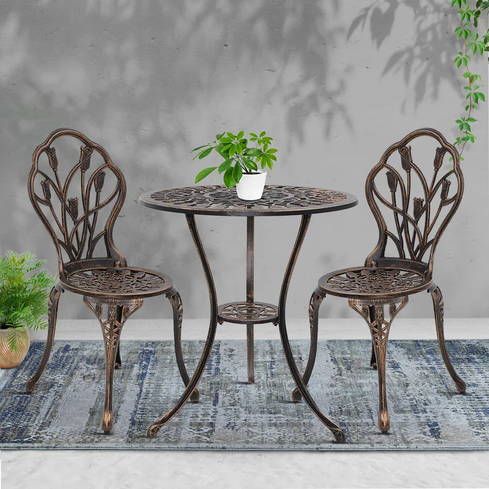 Gardeon 3PC Outdoor Setting Bistro Set Chairs Table Cast Aluminum Patio Furniture Tulip Bronze - Mekamart Australia