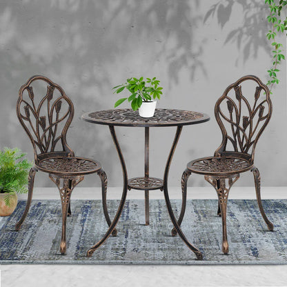 Gardeon 3PC Outdoor Setting Bistro Set Chairs Table Cast Aluminum Patio Furniture Tulip Bronze - Mekamart Australia