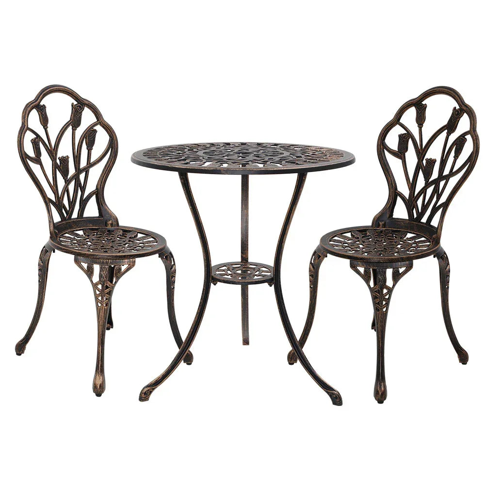 Gardeon 3PC Outdoor Setting Bistro Set Chairs Table Cast Aluminum Patio Furniture Tulip Bronze - Mekamart Australia