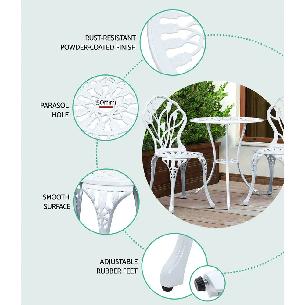 Gardeon 3PC Outdoor Setting Bistro Set Chairs Table Cast Aluminum Patio Furniture Tulip White - Mekamart Australia