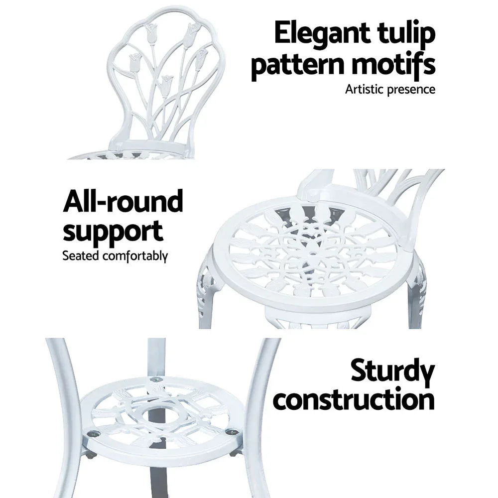 Gardeon 3PC Outdoor Setting Bistro Set Chairs Table Cast Aluminum Patio Furniture Tulip White - Mekamart Australia
