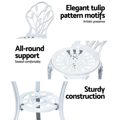 Gardeon 3PC Outdoor Setting Bistro Set Chairs Table Cast Aluminum Patio Furniture Tulip White - Mekamart Australia
