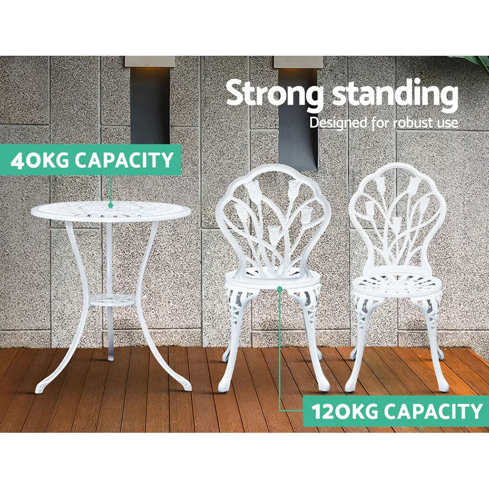 Gardeon 3PC Outdoor Setting Bistro Set Chairs Table Cast Aluminum Patio Furniture Tulip White - Mekamart Australia