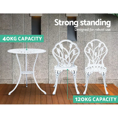 Gardeon 3PC Outdoor Setting Bistro Set Chairs Table Cast Aluminum Patio Furniture Tulip White - Mekamart Australia