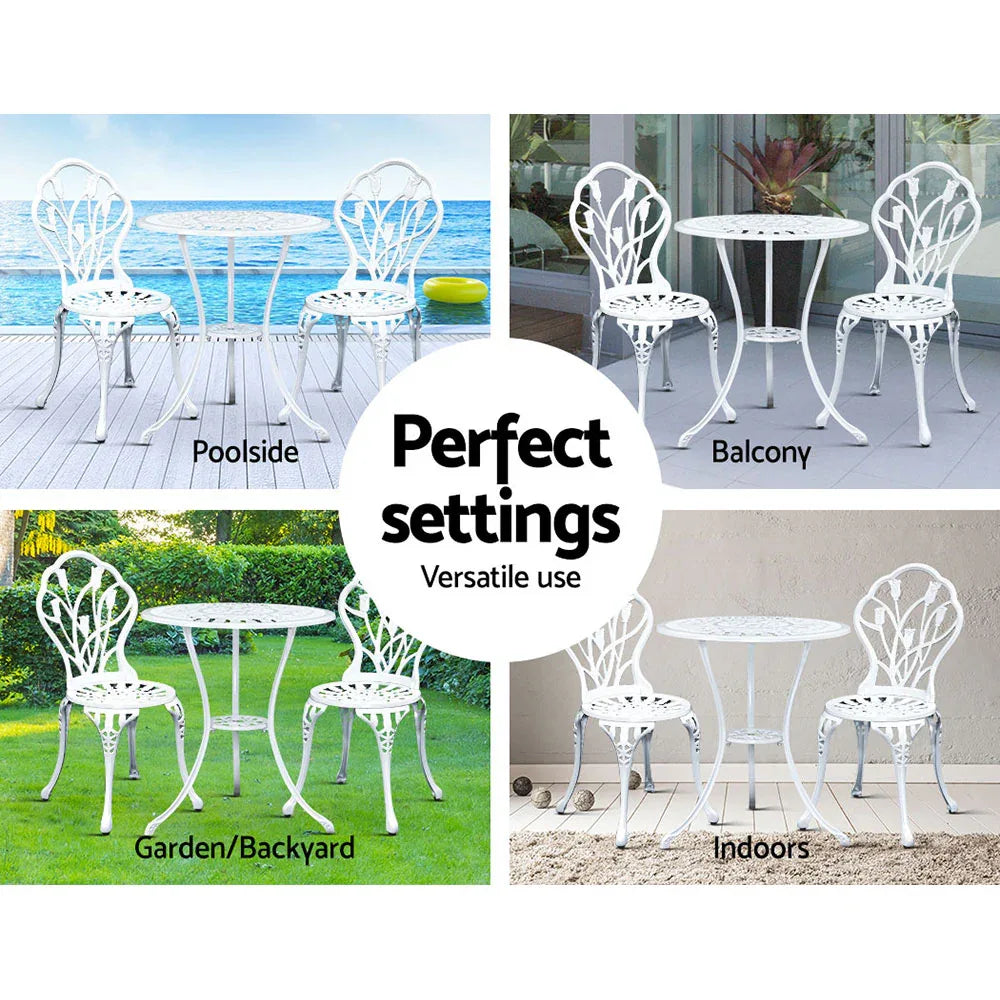 Gardeon 3PC Outdoor Setting Bistro Set Chairs Table Cast Aluminum Patio Furniture Tulip White - Mekamart Australia