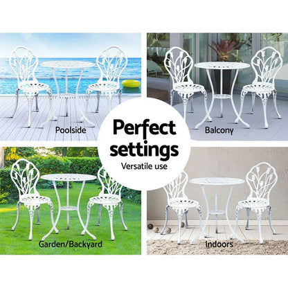 Gardeon 3PC Outdoor Setting Bistro Set Chairs Table Cast Aluminum Patio Furniture Tulip White - Mekamart Australia