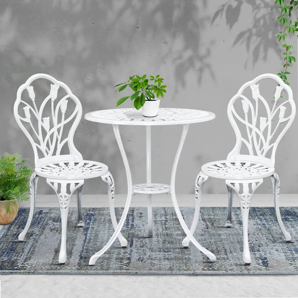 Gardeon 3PC Outdoor Setting Bistro Set Chairs Table Cast Aluminum Patio Furniture Tulip White - Mekamart Australia