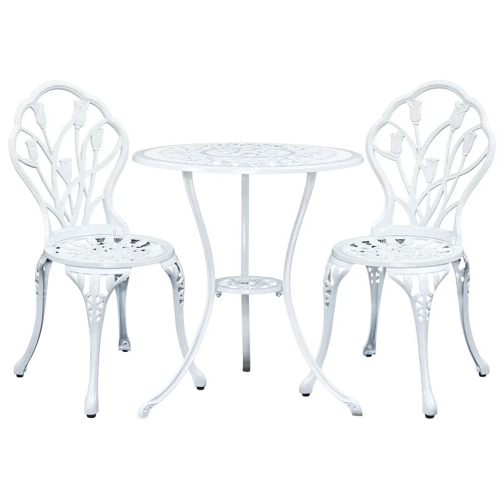 Gardeon 3PC Outdoor Setting Bistro Set Chairs Table Cast Aluminum Patio Furniture Tulip White - Mekamart Australia
