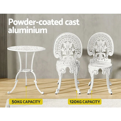 Gardeon 3PC Patio Furniture Outdoor Bistro Set Dining Chairs Aluminium White - Mekamart Australia