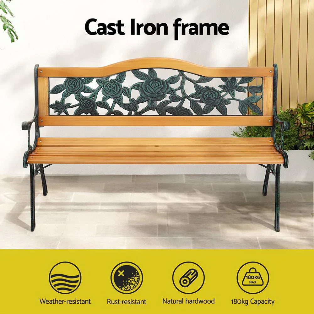 Gardeon Outdoor Garden Bench Seat 126cm Wooden Cast Iron 3 Seater Patio Furniture - Mekamart Australia