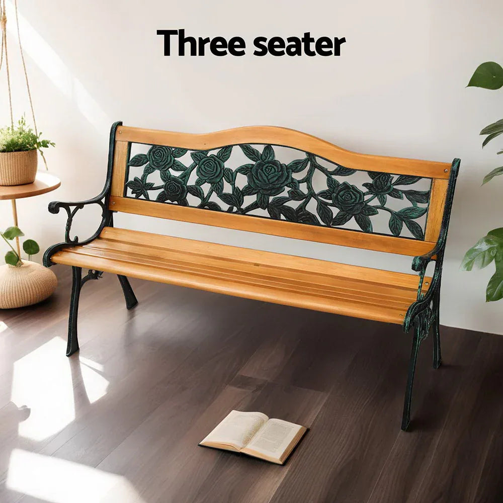 Gardeon Outdoor Garden Bench Seat 126cm Wooden Cast Iron 3 Seater Patio Furniture - Mekamart Australia