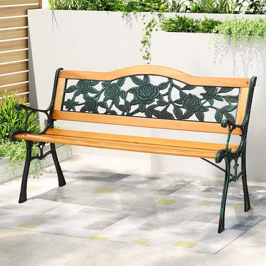 Gardeon Outdoor Garden Bench Seat 126cm Wooden Cast Iron 3 Seater Patio Furniture - Mekamart Australia