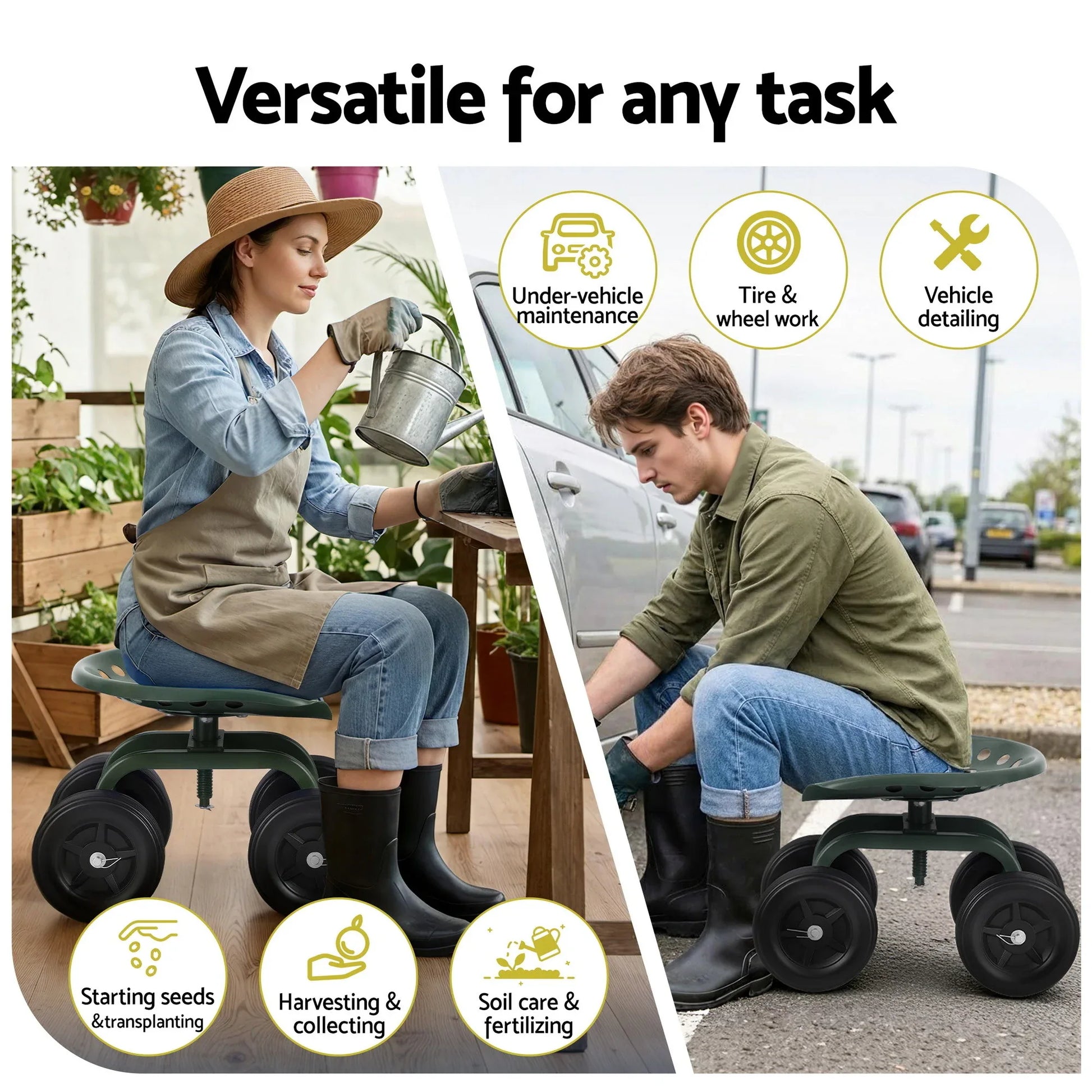 Gardeon Garden Seat 360 Swivel Rolling Adjustable Height Work Scooter Cart Wheels Heavy Duty 150kg - Mekamart Australia
