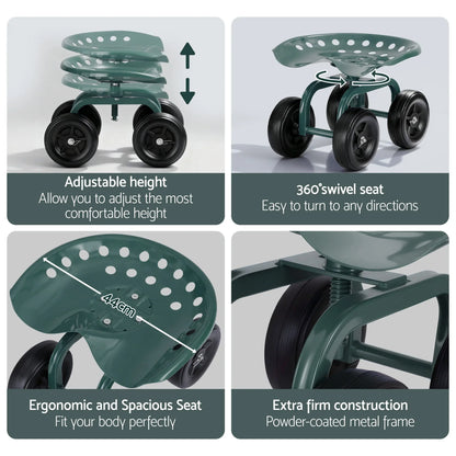 Gardeon Garden Seat 360 Swivel Rolling Adjustable Height Work Scooter Cart Wheels Heavy Duty 150kg - Mekamart Australia