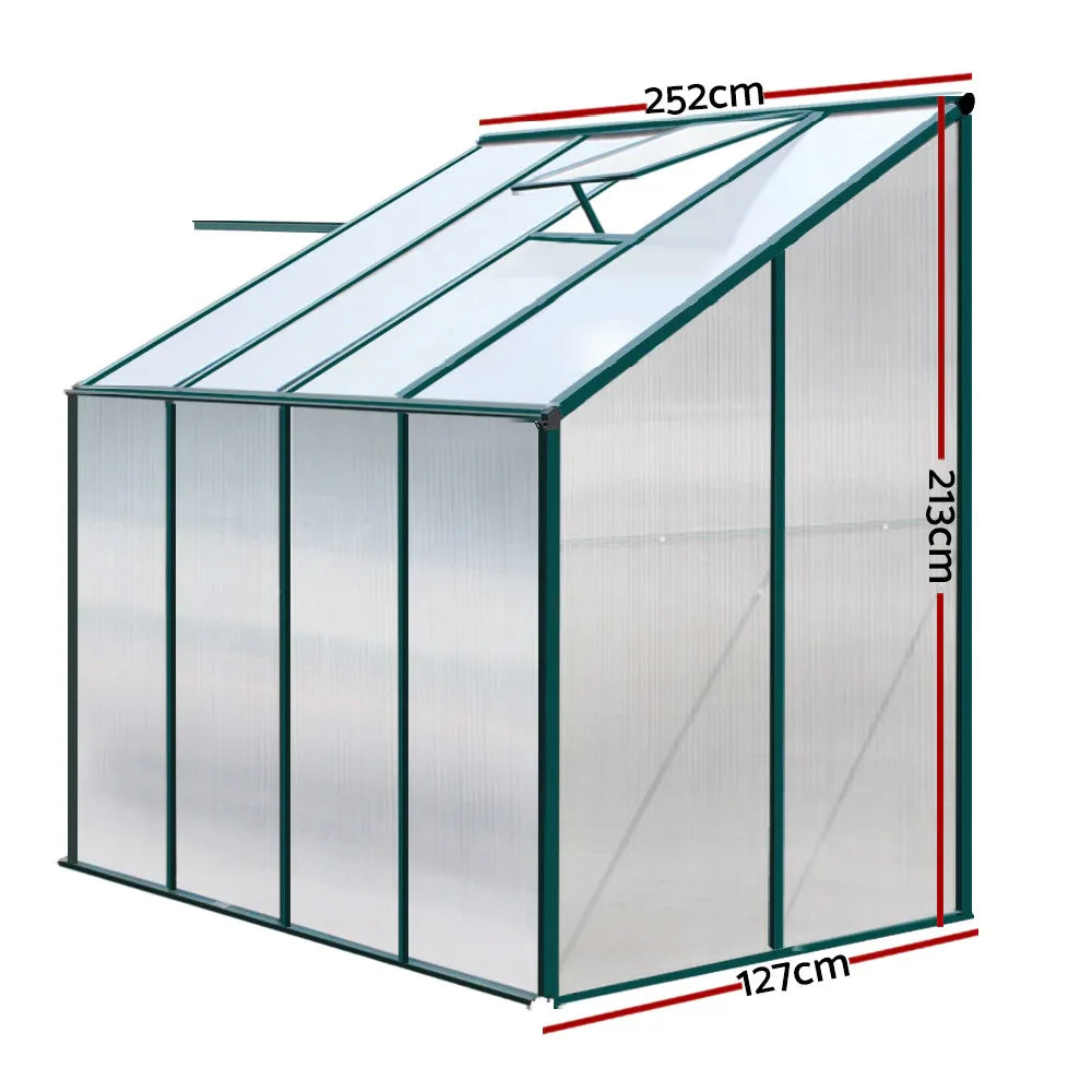 Green Fingers Greenhouse 2.52x1.27x2.13M Lean-to Aluminium Polycarbonate Green House Garden Shed - Mekamart Australia