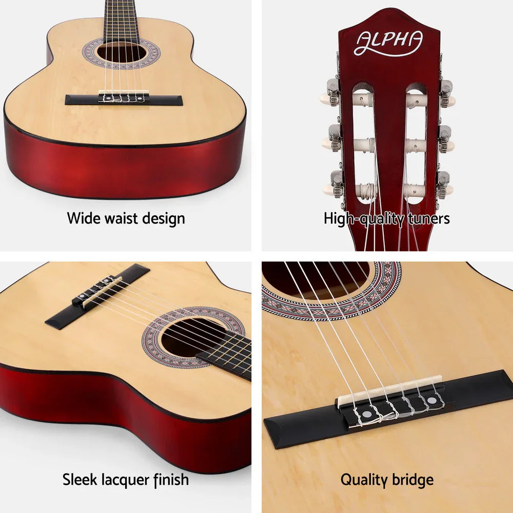 Alpha 39 Inch Classical Guitar Wooden Body Nylon String Beginner Gift Natural - Mekamart Australia