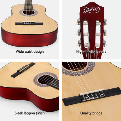 Alpha 39 Inch Classical Guitar Wooden Body Nylon String Beginner Gift Natural - Mekamart Australia