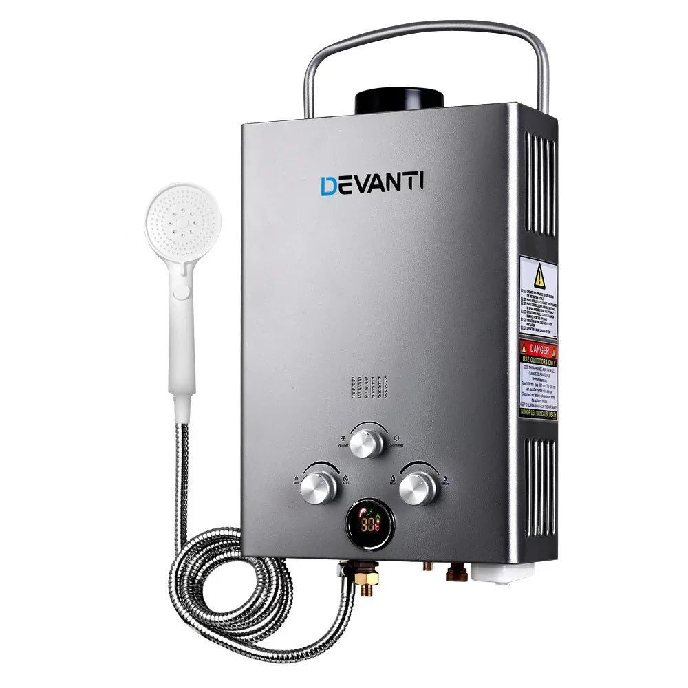 Devanti Portable Gas Water Heater 8L/Min With Pump LPG System Grey - Mekamart Australia