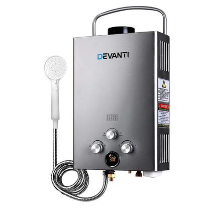 Devanti Portable Gas Water Heater 8L/Min With Pump LPG System Grey - Mekamart Australia