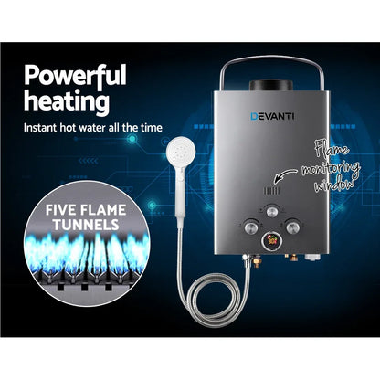Devanti Portable Gas Water Heater 8L/Min With Pump LPG System Grey - Mekamart Australia