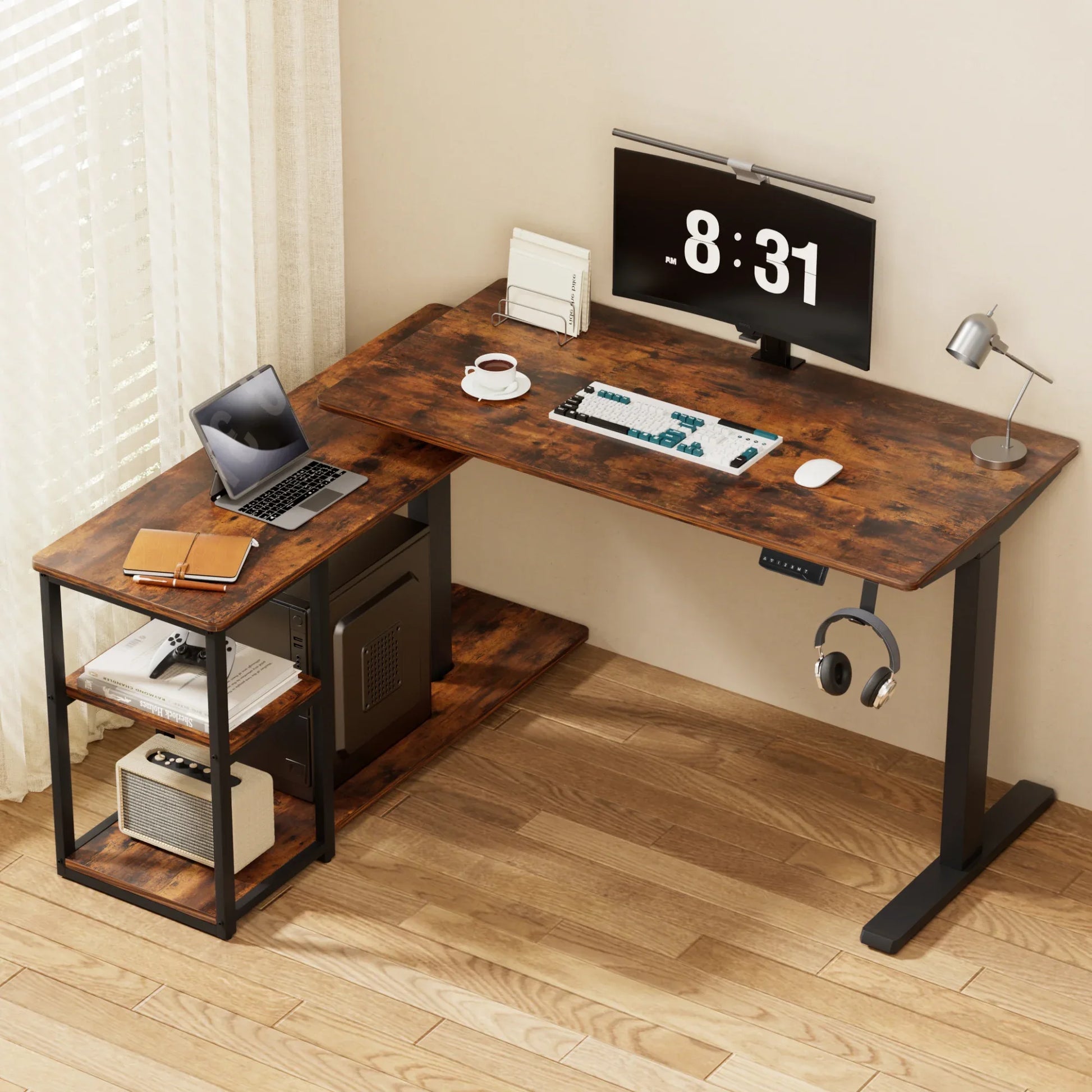 Artiss Electric Standing Desk Adjustable Motorised 120CM L Shaped Rustic Brown - Mekamart Australia