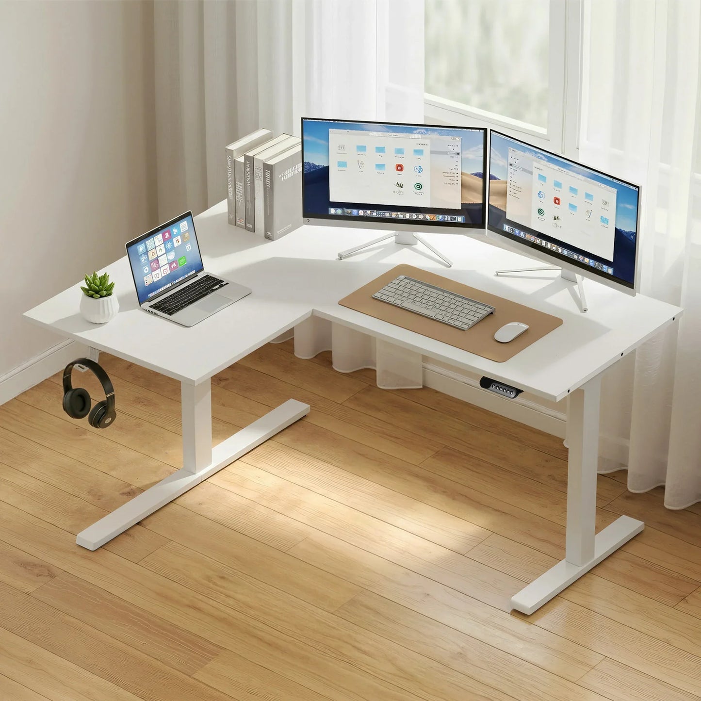 Artiss L-Shape Standing Desk Sit Stand Up Height Adjustable Electric Motorised White - Mekamart Australia