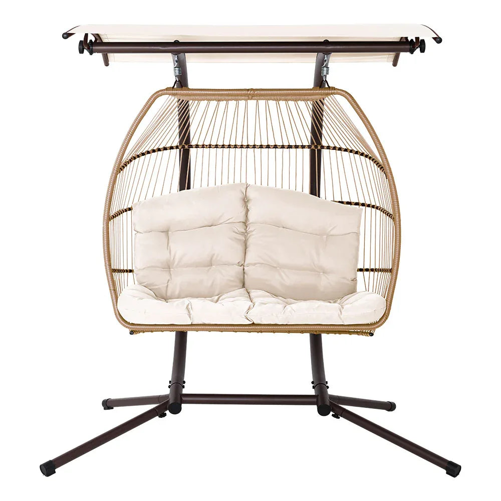 Gardeon Outdoor Egg Swing Chair Wicker Furniture Pod Stand Canopy 2 Seater Latte - Mekamart Australia