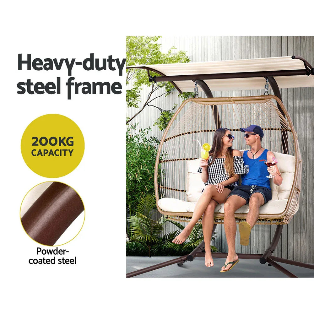 Gardeon Outdoor Egg Swing Chair Wicker Furniture Pod Stand Canopy 2 Seater Latte - Mekamart Australia