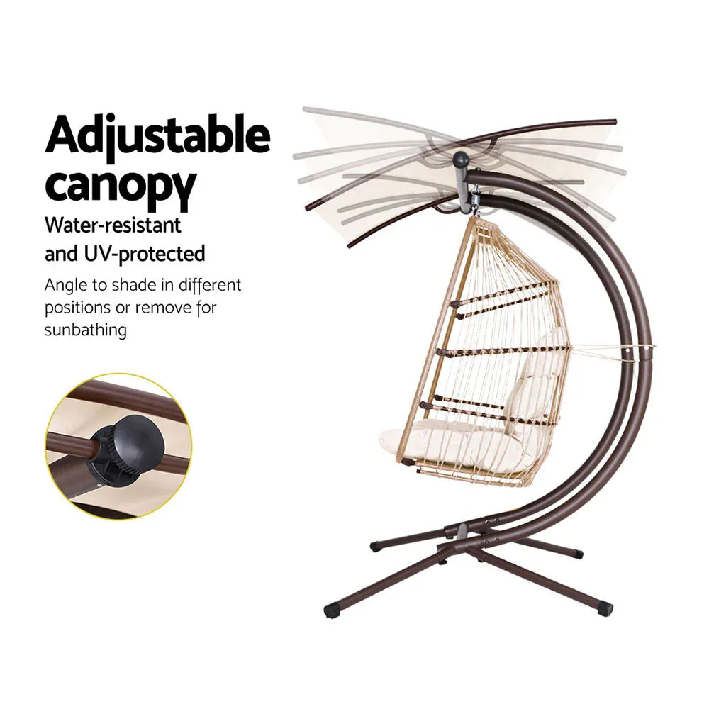 Gardeon Outdoor Egg Swing Chair Wicker Furniture Pod Stand Canopy 2 Seater Latte - Mekamart Australia